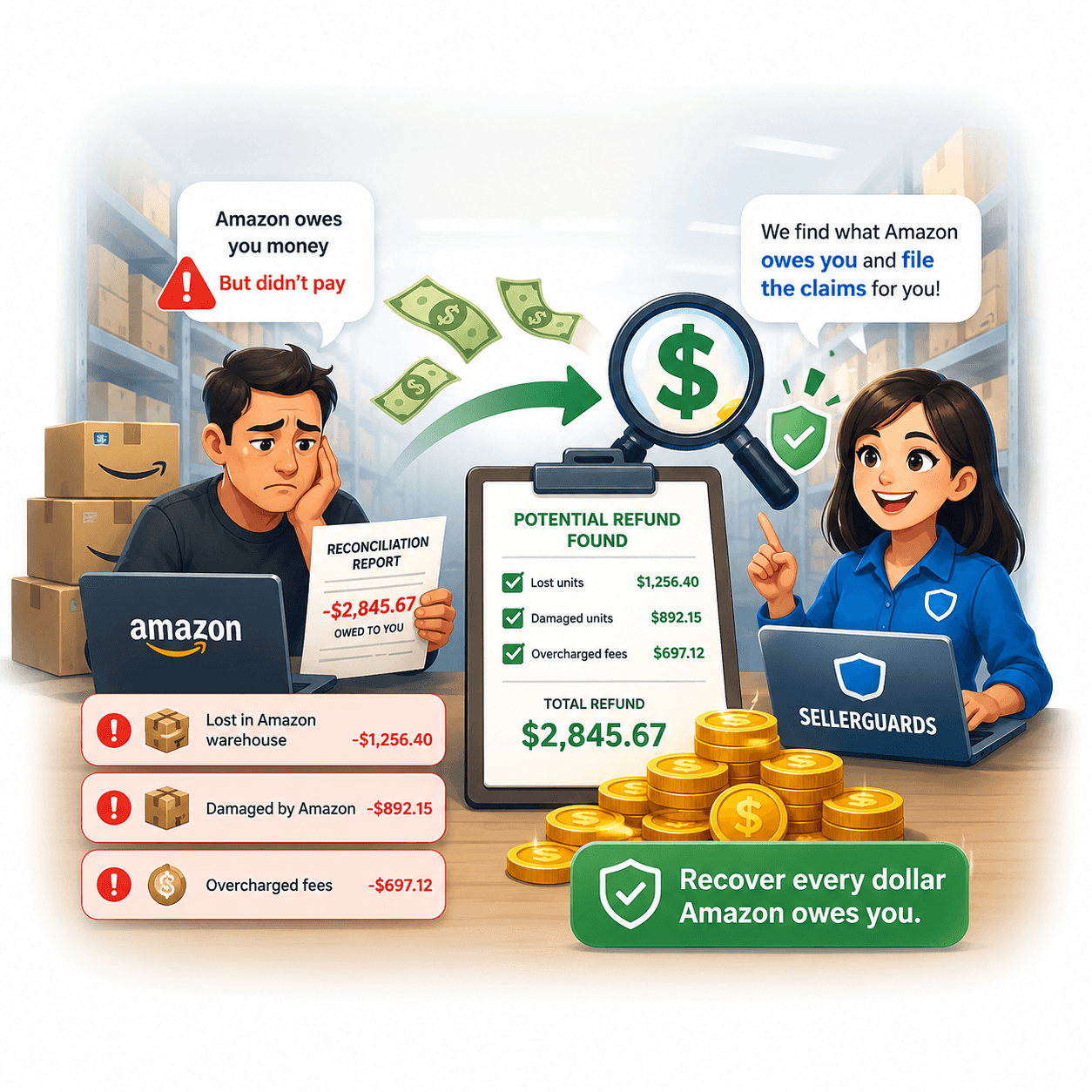SellerGuards finds the refunds Amazon owes you — lost, damaged and overcharged units — and files the claims for you.