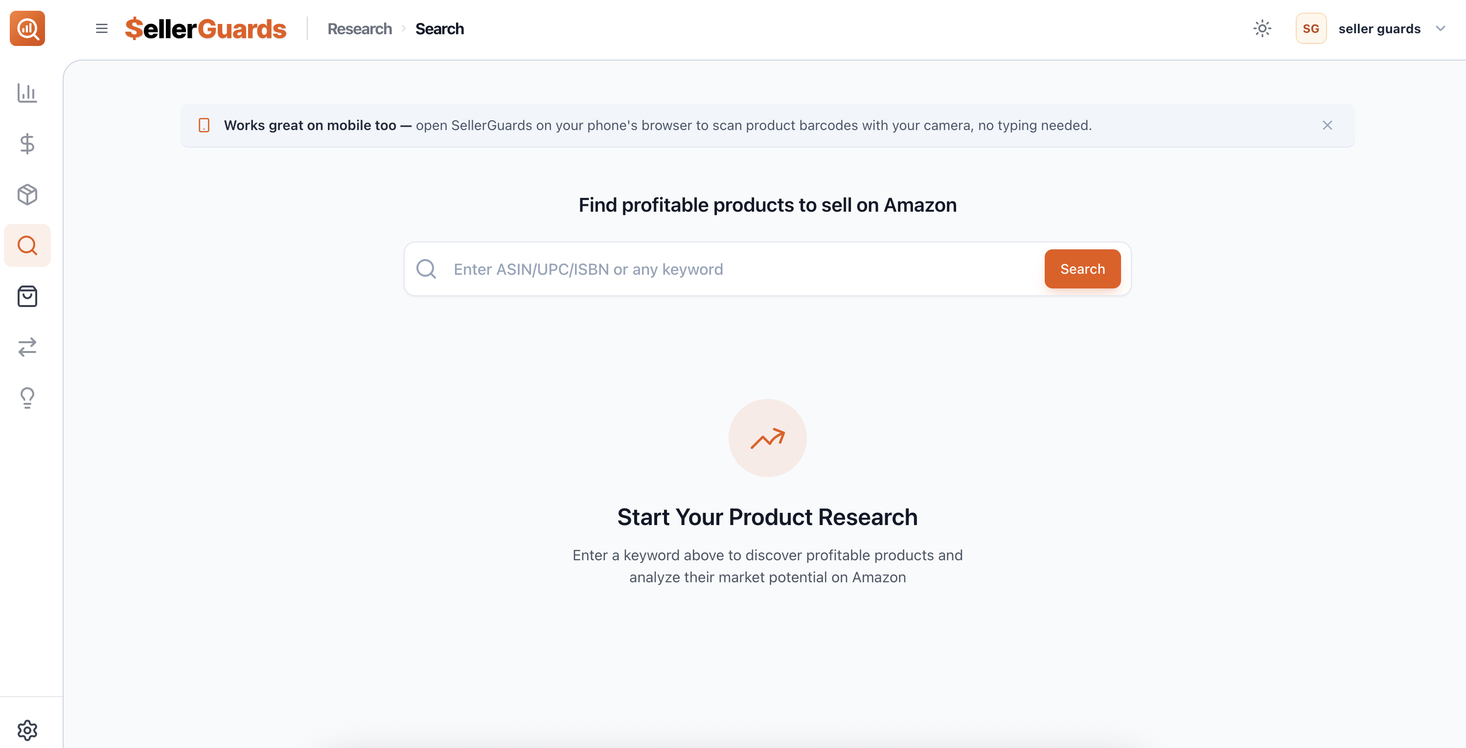Research search page on desktop