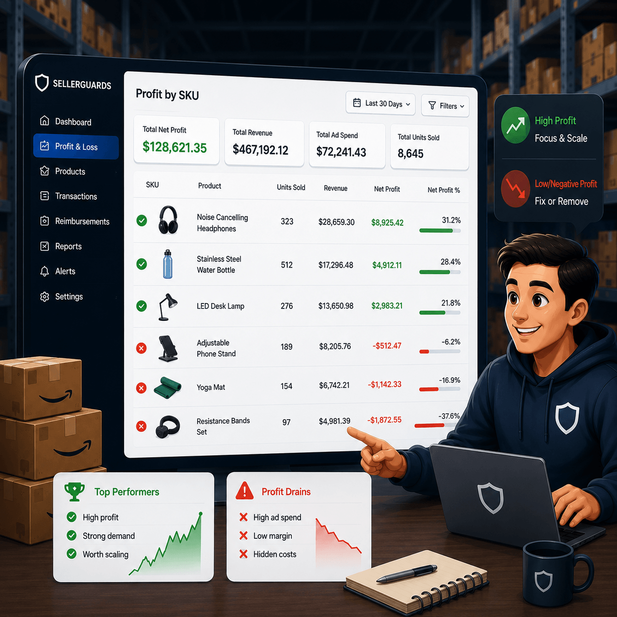 SellerGuards Profit by SKU dashboard — real net profit per product after fees, ad spend and COGS, flagging winners to scale and losers to fix.